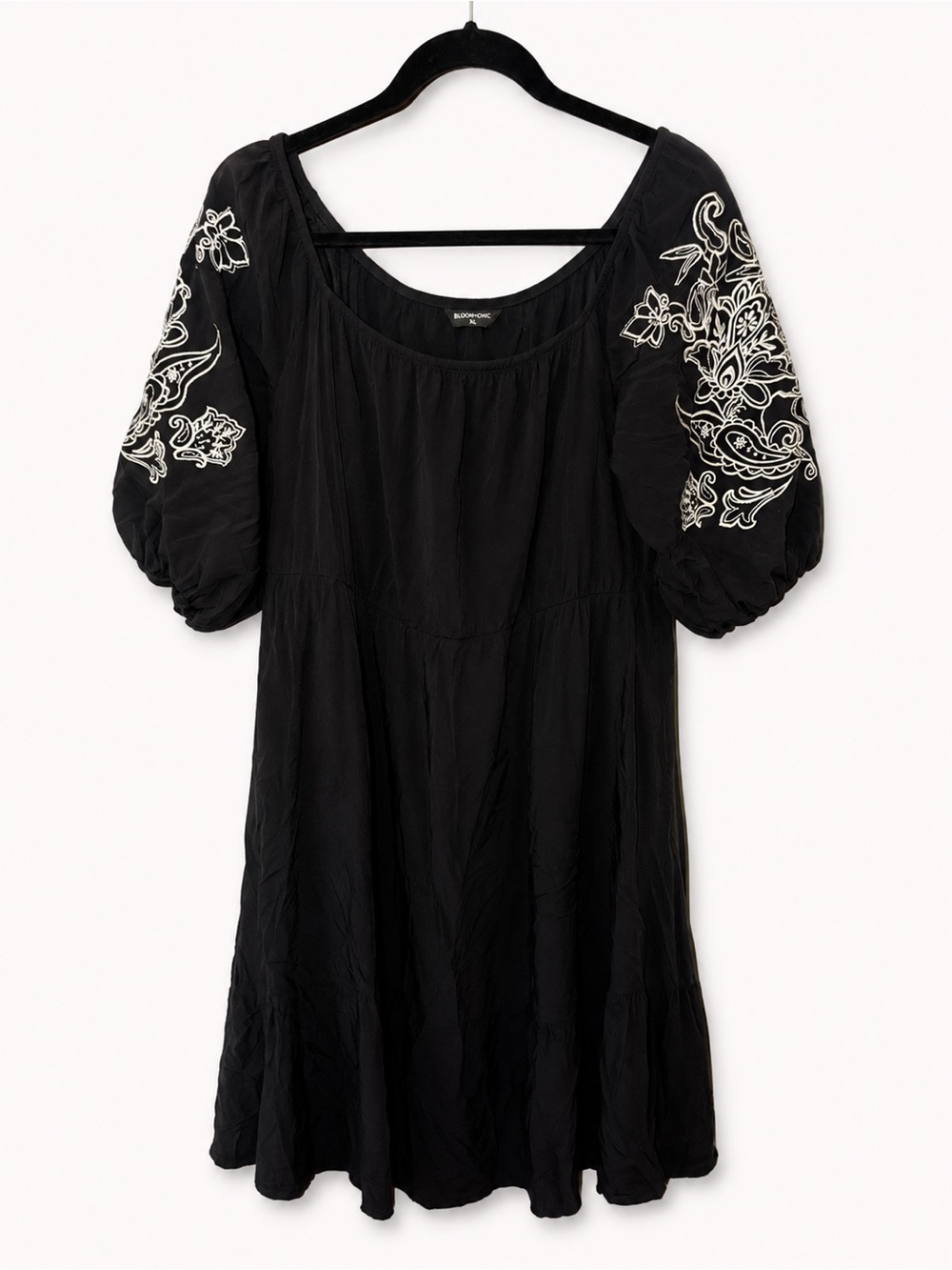 BloomChic Black Dress with White Embroidered Puff Sleeves